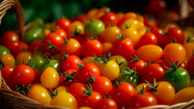 Eine lebendige Nahaufnahme mit einem Korb aus verschiedenen Kirschtomaten