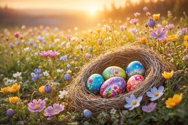 Eine lebendige Osterszene mit farbenfrohen Eiern, die in einem Feld von blühenden Blumen eingebettet sind