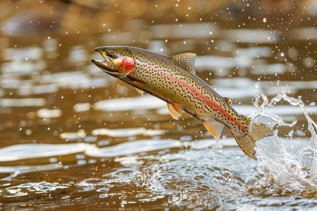 Eine lebendige Regenbogenforelle springt aus dem Wasser