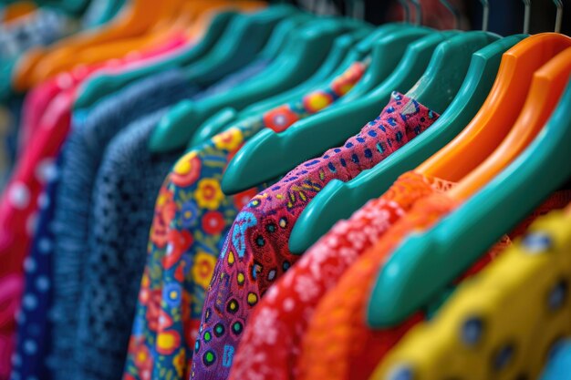 Eine lebendige Reihe farbenfroher Kleidungen hängen ordentlich auf einem Regal in einer Boutique