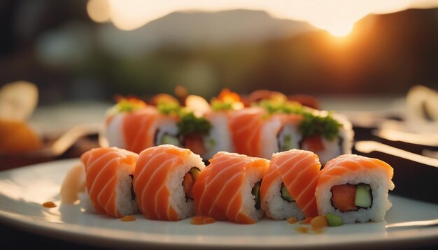 Eine lebendige Sonnenuntergangsszene mit kreativ auf einem Teller angeordnetem Sushi