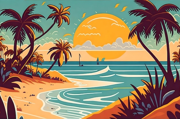 Foto eine lebendige, sonnige tropische strandszene mit einer flachen zeichentrickfilm-illustration