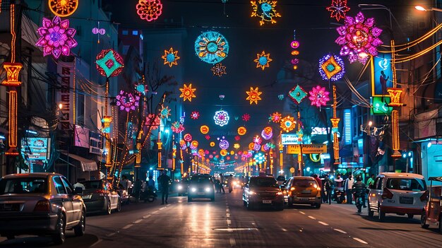 Eine lebendige Straßenszene in der Nacht mit farbenfrohen Lichtern und Menschen, die die Straße überqueren