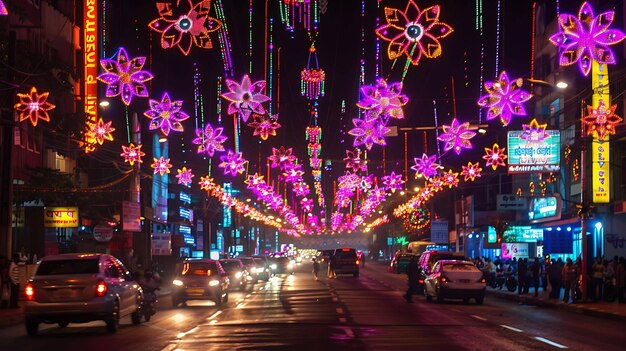 Eine lebendige Straßenszene in der Nacht mit farbenfrohen Lichtern und Verkehr