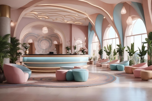 Eine lebendige und bunte Lobby mit rosa und blauen Möbeln