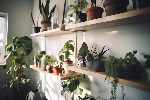 Eine lebendige und einladende Wohnumgebung mit Regalen voller Zimmerpflanzen und Deko
