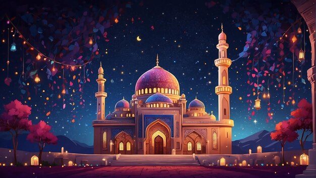 Eine lebendige und farbenfrohe Illustration einer Moschee