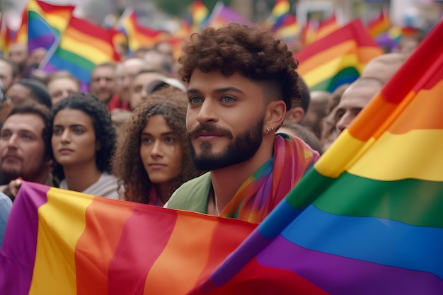 Eine lebendige und integrative LGBTQ-Pride-Parade, bei der Menschen stolz Regenbogenfahnen auf der Straße schwenken