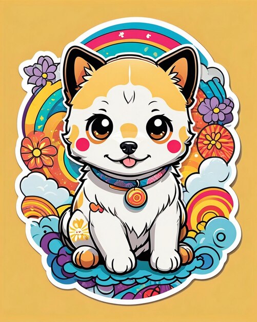 eine lebendige und spielerische Illustration eines niedlichen Hundesticker, inspiriert von der japanischen Kawaii-Kunst