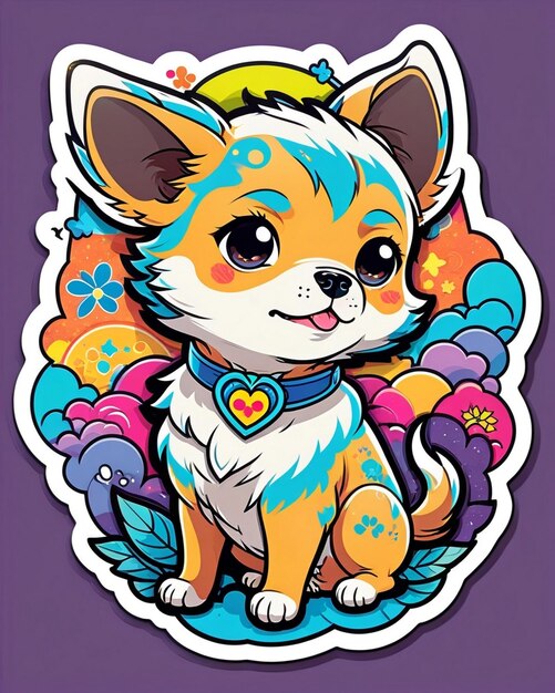 eine lebendige und spielerische Illustration eines niedlichen Hundesticker, inspiriert von der japanischen Kawaii-Kunst