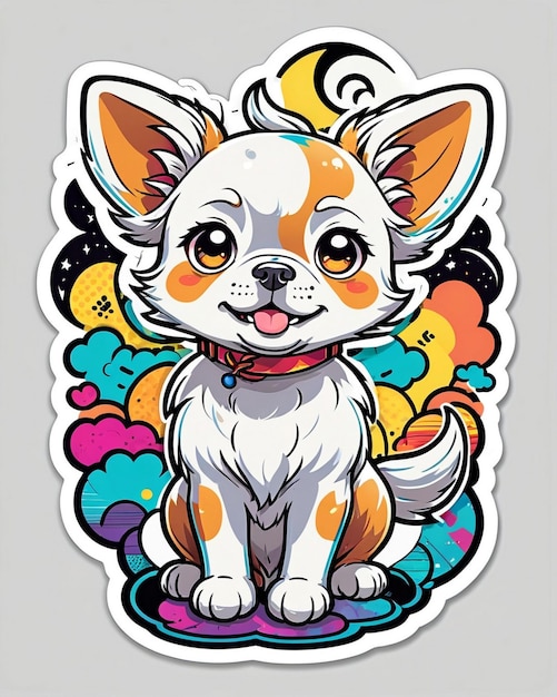 eine lebendige und spielerische Illustration eines niedlichen Hundesticker, inspiriert von der japanischen Kawaii-Kunst