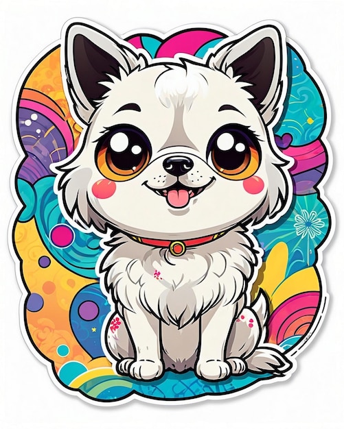 eine lebendige und spielerische Illustration eines niedlichen Hundesticker, inspiriert von der japanischen Kawaii-Kunst