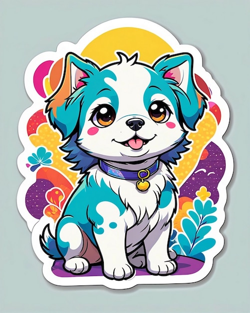 eine lebendige und spielerische Illustration eines niedlichen Hundesticker, inspiriert von der japanischen Kawaii-Kunst