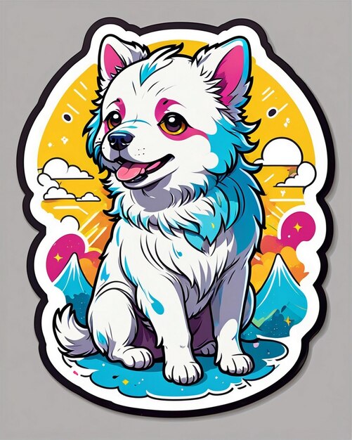 eine lebendige und spielerische Illustration eines niedlichen Hundesticker, inspiriert von der japanischen Kawaii-Kunst