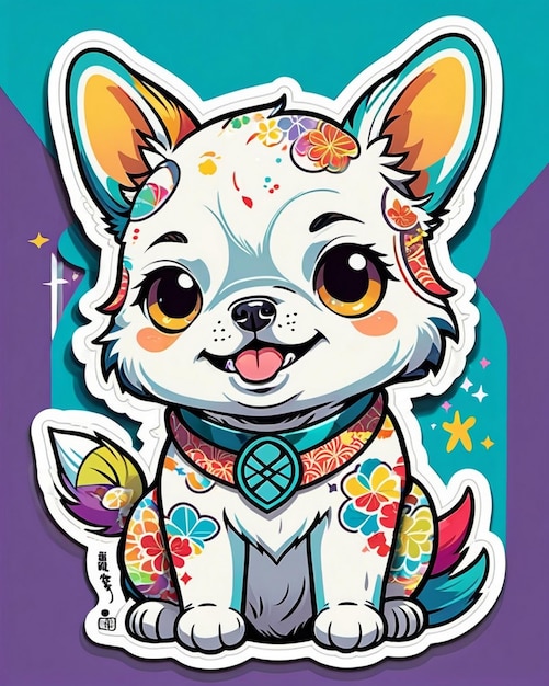 eine lebendige und spielerische Illustration eines niedlichen Hundesticker, inspiriert von der japanischen Kawaii-Kunst