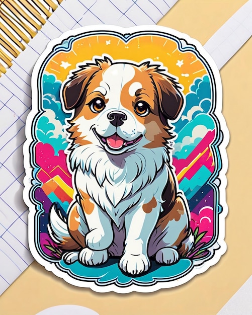 eine lebendige und spielerische Illustration eines niedlichen Hundesticker, inspiriert von der japanischen Kawaii-Kunst