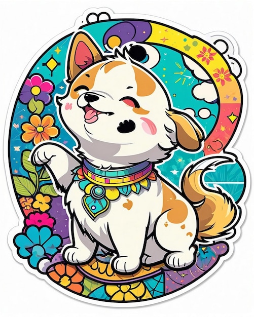 eine lebendige und spielerische Illustration eines niedlichen Hundesticker, inspiriert von der japanischen Kawaii-Kunst