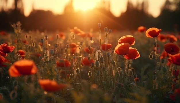 Eine lebendige Wildblumenwiese bei Sonnenuntergang, eine Schönheit der Natur, generiert von KI