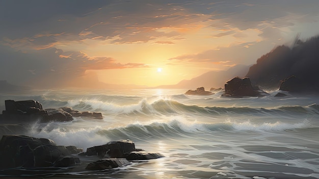 Eine lebensechte Darstellung eines nebligen Sonnenaufgangs an der Küste