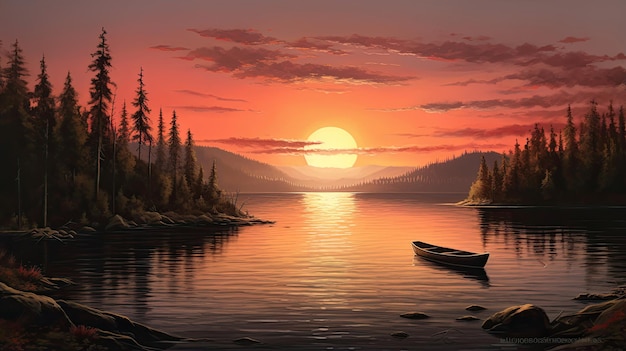 Eine lebensechte Darstellung eines ruhigen Sonnenuntergangs am See