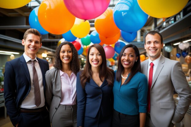 Eine lebhafte Bürogruppe feiert das neue Jahr mit bunten Laternen Lächeln