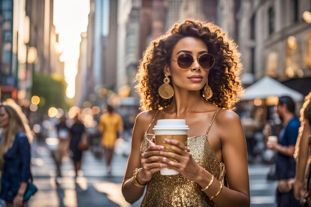 Eine lebhafte, fitte, große junge Frau mit Sonnenbrille und elegantem Cappuccino in New York City