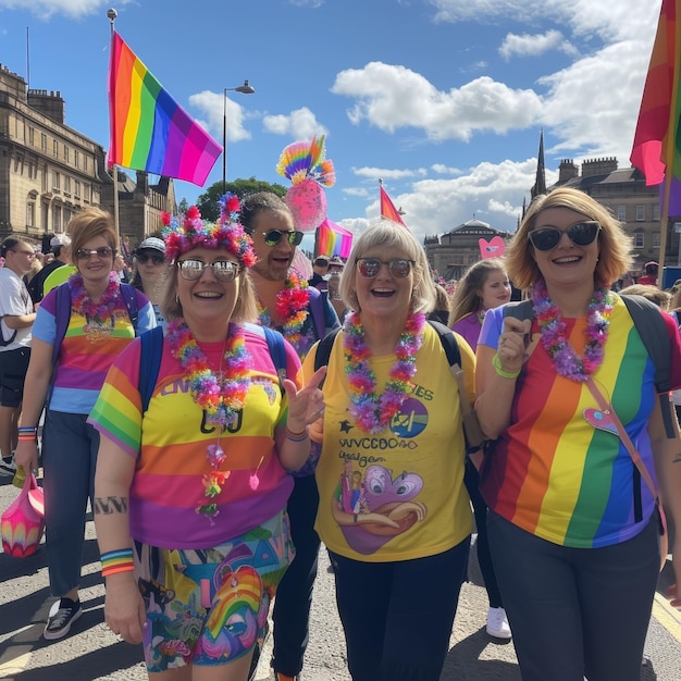 Eine lebhafte Gruppe von Personen, die in einer Pride-Parade festlich in Regenbogenfarben gekleidet und mit Flaggen schwenkend marschieren