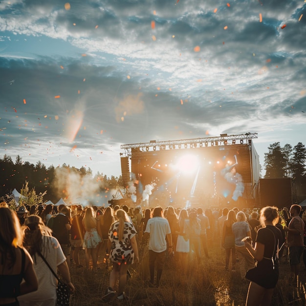 Foto eine lebhafte musikfestivalmenge versammelt sich um die bühne.