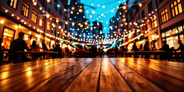 Eine lebhafte Nachtszene bei einem Straßenfest mit zahlreichen Menschen, die sich um Tische und Bänke unter Lichtketten versammelt haben