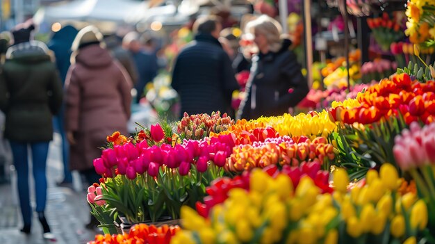 Foto eine lebhafte nahaufnahme farbenfroher tulpen auf einem geschäftigen blumenmarkt