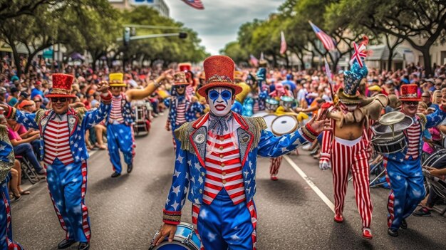 Eine lebhafte Parade, die durch die Straßen marschiert, mit Festwagen von Bands und Künstlern, die ihre Musik zur Schau stellen