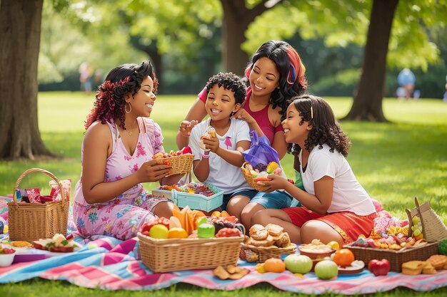Eine lebhafte und fröhliche Familie genießt ein Picknick in einem üppig grünen Park mit einer farbenfrohen Decke