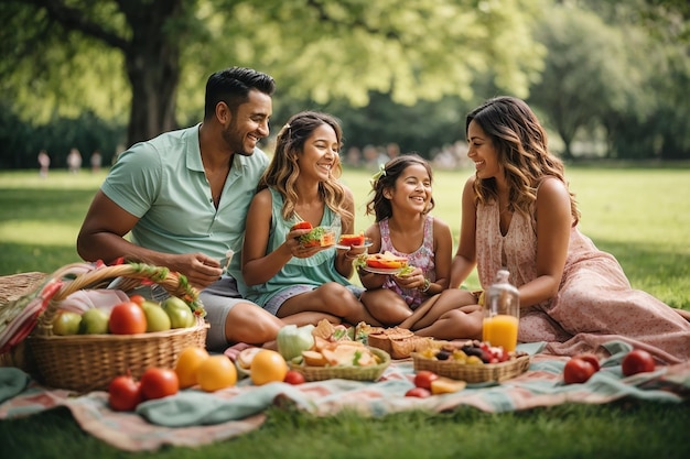Eine lebhafte und fröhliche Familie genießt ein Picknick in einem üppig grünen Park mit einer farbenfrohen Decke