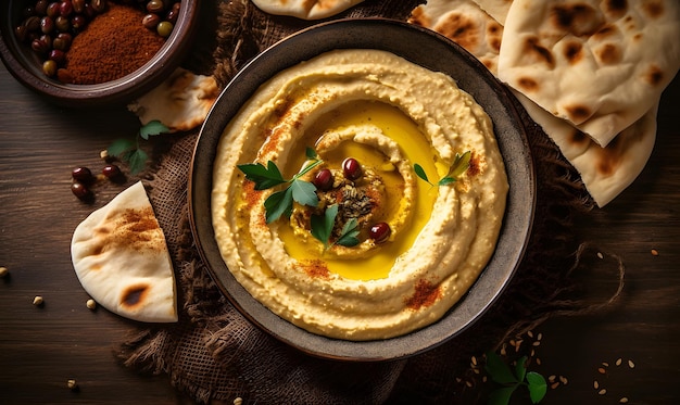 Eine leckere Mahlzeit aus Falafel mit Hummus und Taboulé Generative AI