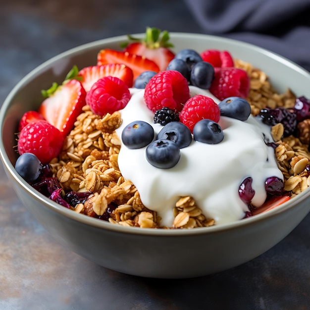 Eine leckere und gesunde Frühstücksschüssel, gefüllt mit knusprigem Granola, cremigem Joghurt und süßem Saft