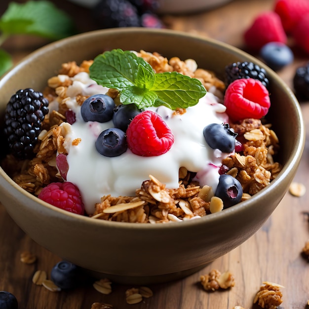 Eine leckere und gesunde Frühstücksschüssel, gefüllt mit knusprigem Granola, cremigem Joghurt und süßem Saft