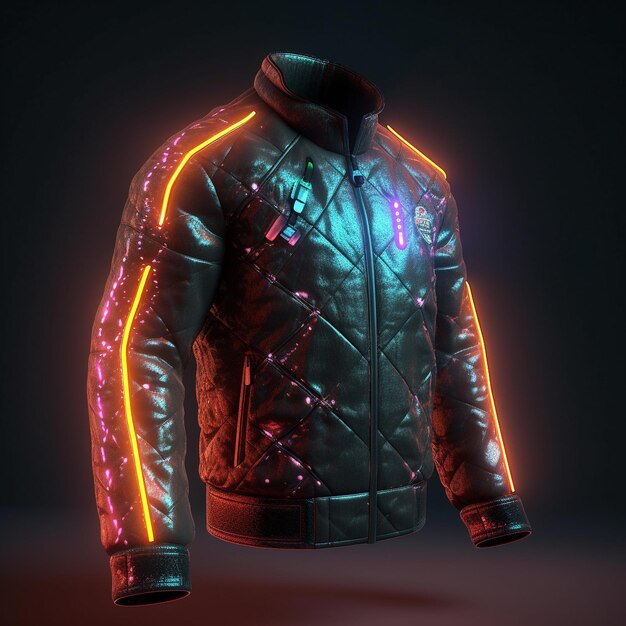 eine Lederjacke mit einem Neonlicht auf der Vorderseite und dem Wort „ auf der Rückseite.