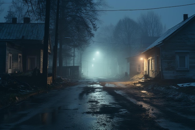 Eine leere, beleuchtete Geisterstadt, Straßenlaternen, die an einem regnerischen Herbsttag die Straße durch die Bäume und das Dorf im Nebel erhellen, Straßenlaternen, englische Landschaftsszenen, Halloween-Hintergrund