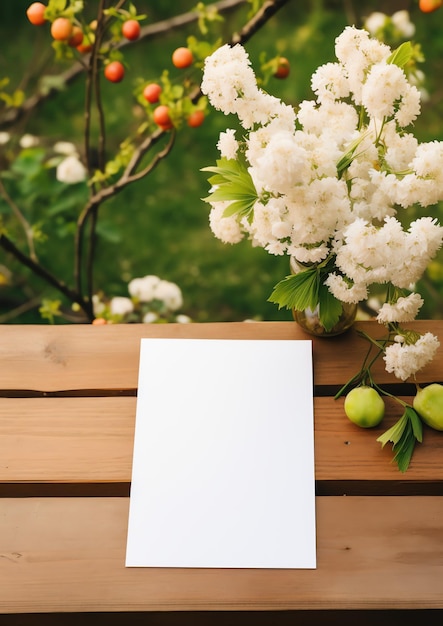 Eine leere Karte auf einem hölzernen Picknicktisch für eine beiläufige Einladung zu einer Veranstaltung im Freien im romantischen Minimalstil