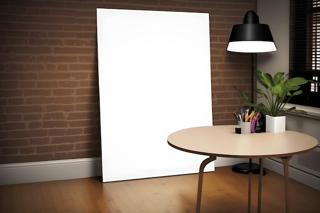 Eine leere Leinwand hängt an einer Wand in einem Raum mit einem Tisch und einer Lampe.