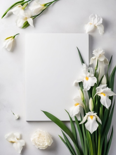 Eine leere Leinwand mit einer weißen Palette, umgeben von blühenden weißen Iris