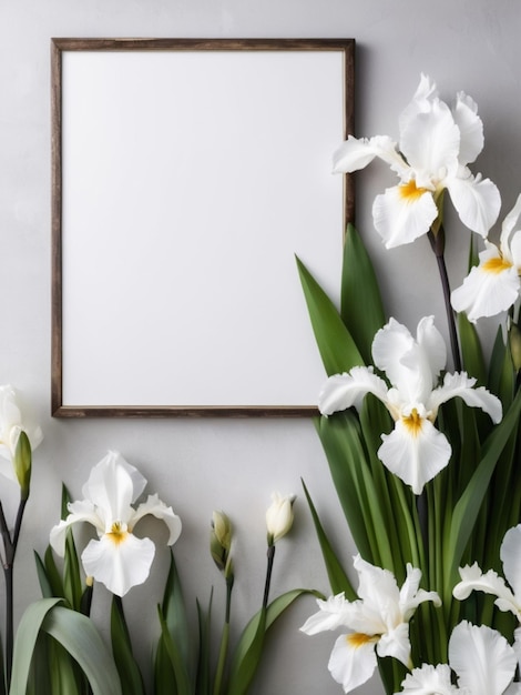 Eine leere Leinwand mit einer weißen Palette, umgeben von blühenden weißen Iris