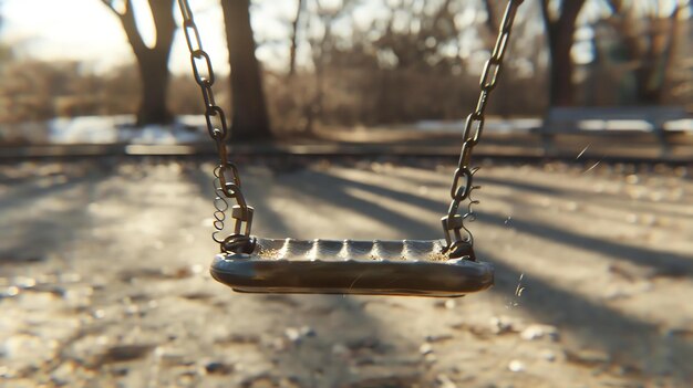 Foto eine leere schaukel hängt in einem park, die sonne scheint durch die bäume und wirft schatten auf den boden, die schaukel ist aus metall und hat einen schwarzen sitz.