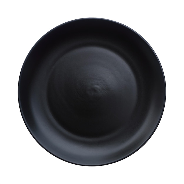 eine leere schwarze Platte mit einem leeren Kreis, die auf Weiß isoliert ist