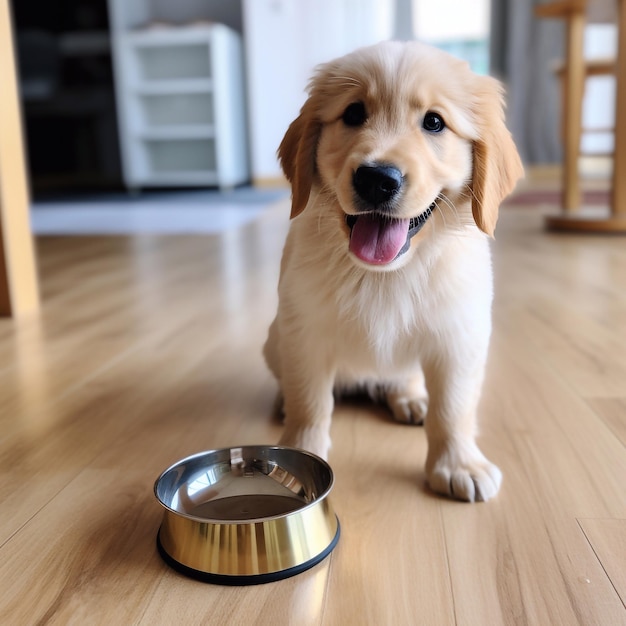 eine leere Speiseschüssel auf dem Boden des Wohnzimmers und ein kleiner Hund, der darauf wartet zu essen