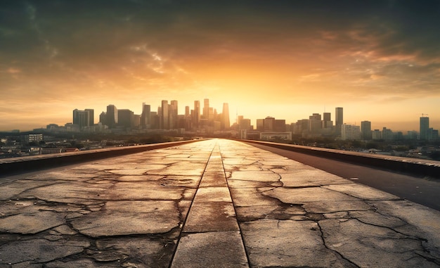 Eine leere Straße mit der Skyline einer Stadt darüber bei Sonnenaufgang