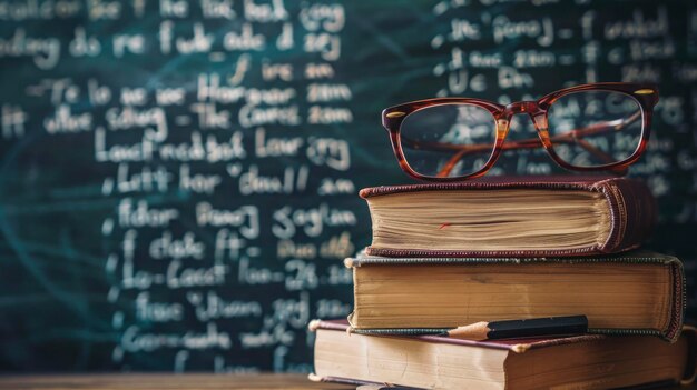 Eine leere Tafel mit geschriebenen Gleichungen, umgeben von einem Stapel Bücher mit Bleistiften und Gläsern oben, repräsentiert die Ideen des Lernens oder Studiums