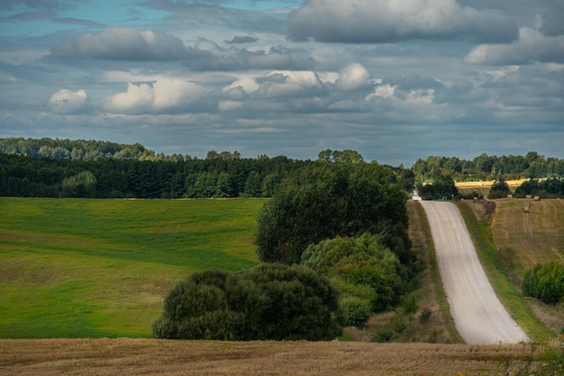 Eine leere unbefestigte Straße entlang eines ländlichen Feldes vor dem Hintergrund von Wald und Wolken Reisen auf Landstraßen Das Konzept von Tourismus und Freiheit