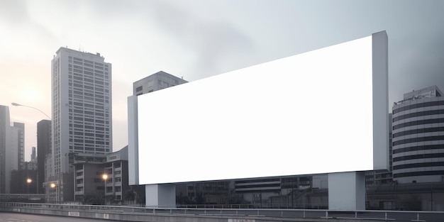 Eine leere weiße Werbetafel in einer futuristischen Stadt mit generativer KI