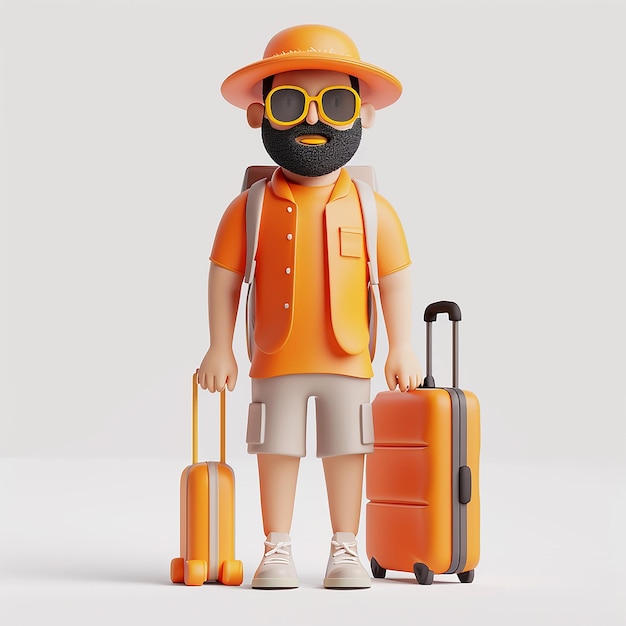 eine Lego-Figur mit orangefarbenen Koffern und ein Mann, der einen orangen Hut trägt